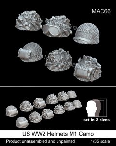 画像1: マンティス・ミニチュアズ[MAC66]1/35 WWII アメリカ 偽装ネット付M1ヘルメットセット(6種類2サイズ 12個入) (1)