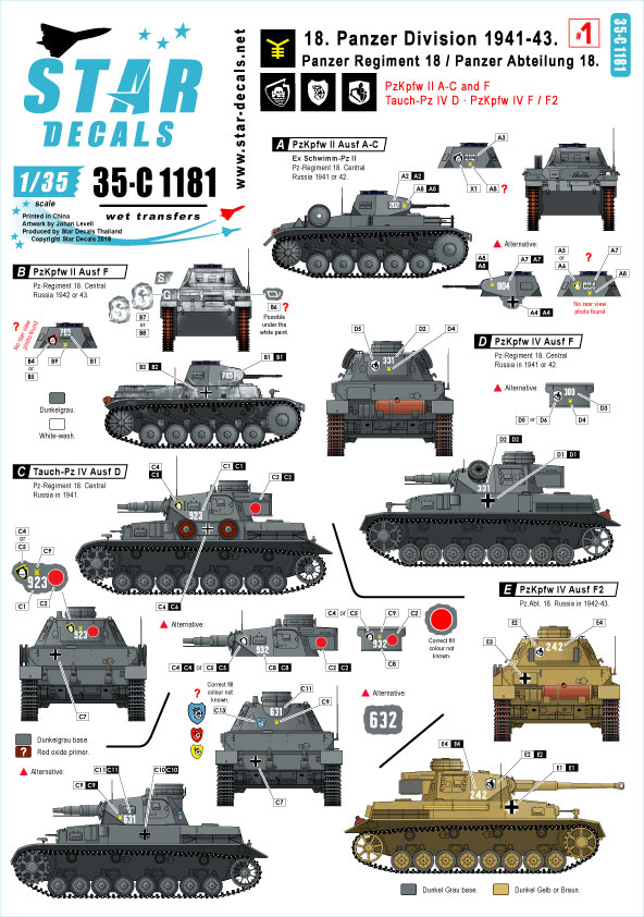 STAR DECALS[SD35-C1181]1/35 WWII ドイツ 第18装甲擲弾兵師団 #1 1941〜43年  II号戦車A〜C型及びF型、IV号戦車D型、F2型