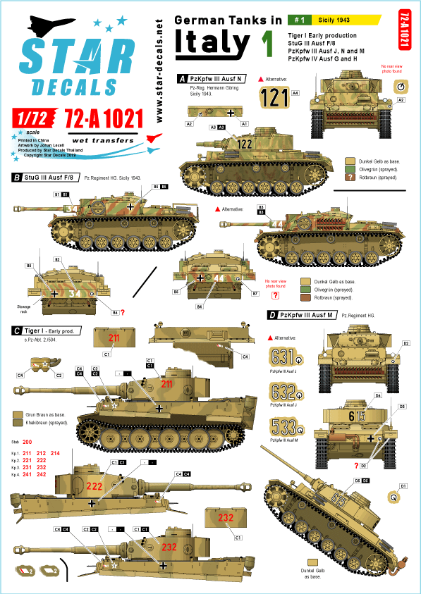 STAR DECALS[SD72-A1021]1/72 WWII 独 イタリア戦線のドイツ戦車＃1 シチリア島編1943年 タイガーI極初期型  III号突撃F/8型 III号戦車J/N/M 型IV号G/H型