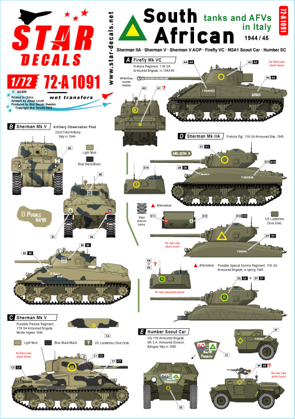 STAR DECALS[SD72-A1091]1/72 WWII 米/英 イタリアでの南アフリカ陸軍戦車とAFV シャーマンMkIIA  ファイアフライVC シャーマンMkV AOP M3A1スカウトカー ハンバーSC