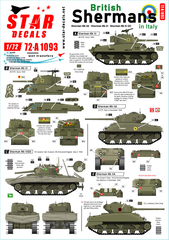 STAR DECALS[SD72-A1093]1/72 WWII 英 イタリアでのイギリス軍シャーマン シャーマンMkIIA(76mm)  シャーマンMkIII シャーマンMkIIIDD