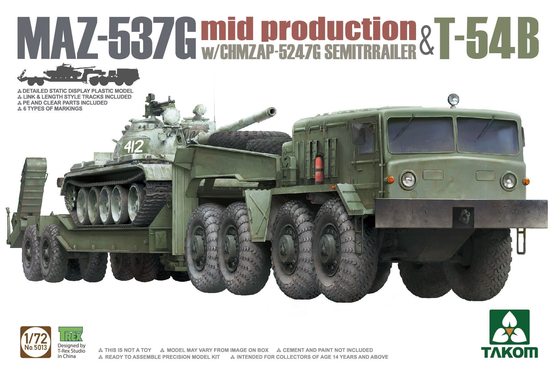 タコム[TKO5013]1/72 ロシア軍 MAZ-537G トラクターw/CHMZAP-5247G セミトレーラー戦車運搬車 & T-54B 中戦車